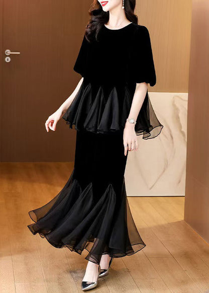 Black Pearl Tulle Patchwork Silk Velvet Two Pieces Set Summer