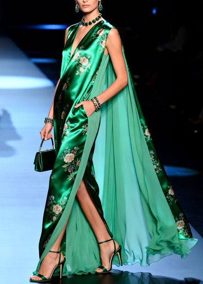 Boutique Green V Neck Print Patchwork Chiffon Dresses Summer