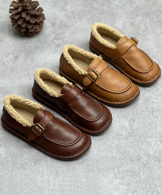 Chocolate Flat Shoes for Cowhide Leather Fuzzy Wool Lined Flat Shoes for