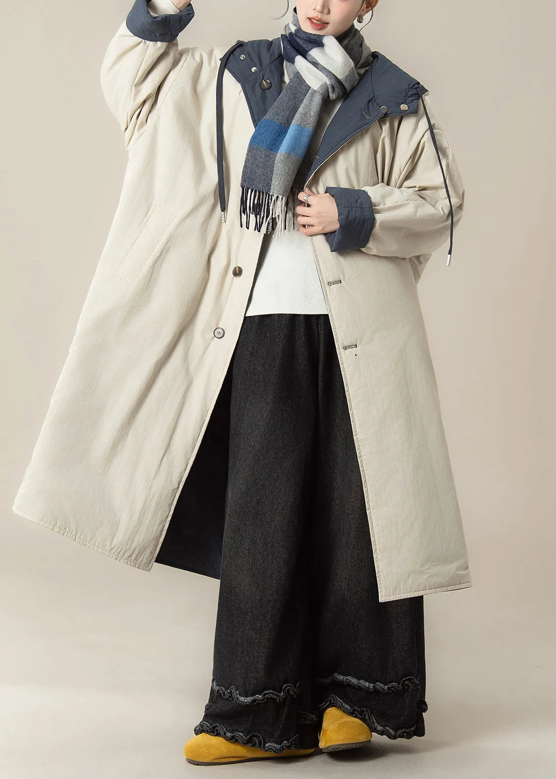 Japanese Style Wear on Both Sides Hooded Cotton Filled Coat Winter