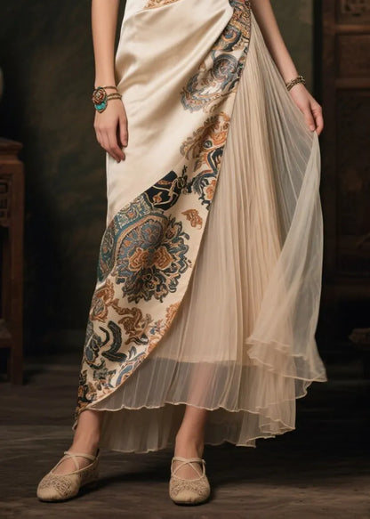 Champagne Asymmetrical Patchwork Print Silk Dresses Sleeveless