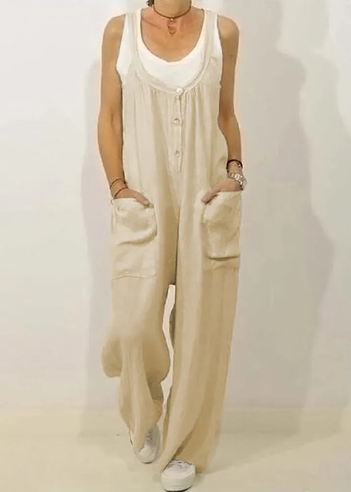 Khaki O-neck Button Jumpsuits Sleeveless