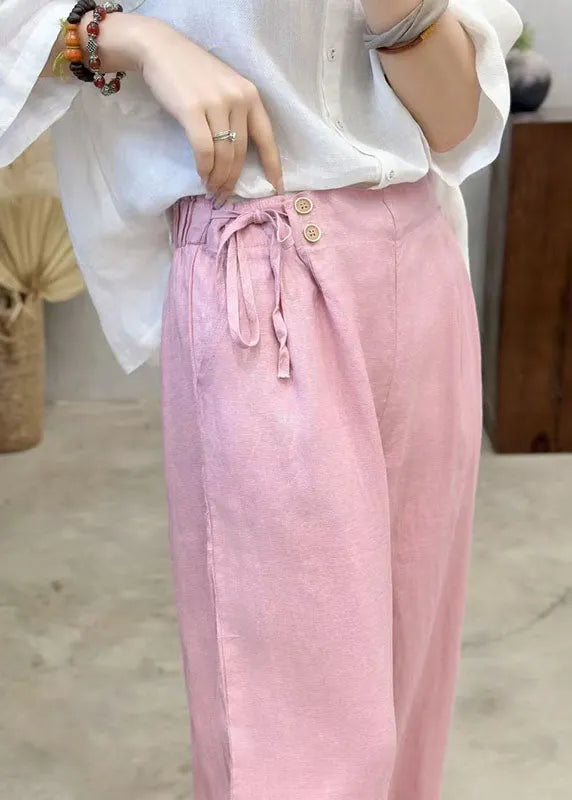 Pink Side Tie Waist Linen Pants Summer