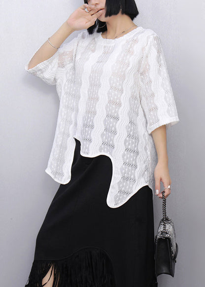 White Asymmetrical Hollow Out Cotton Tops Summer