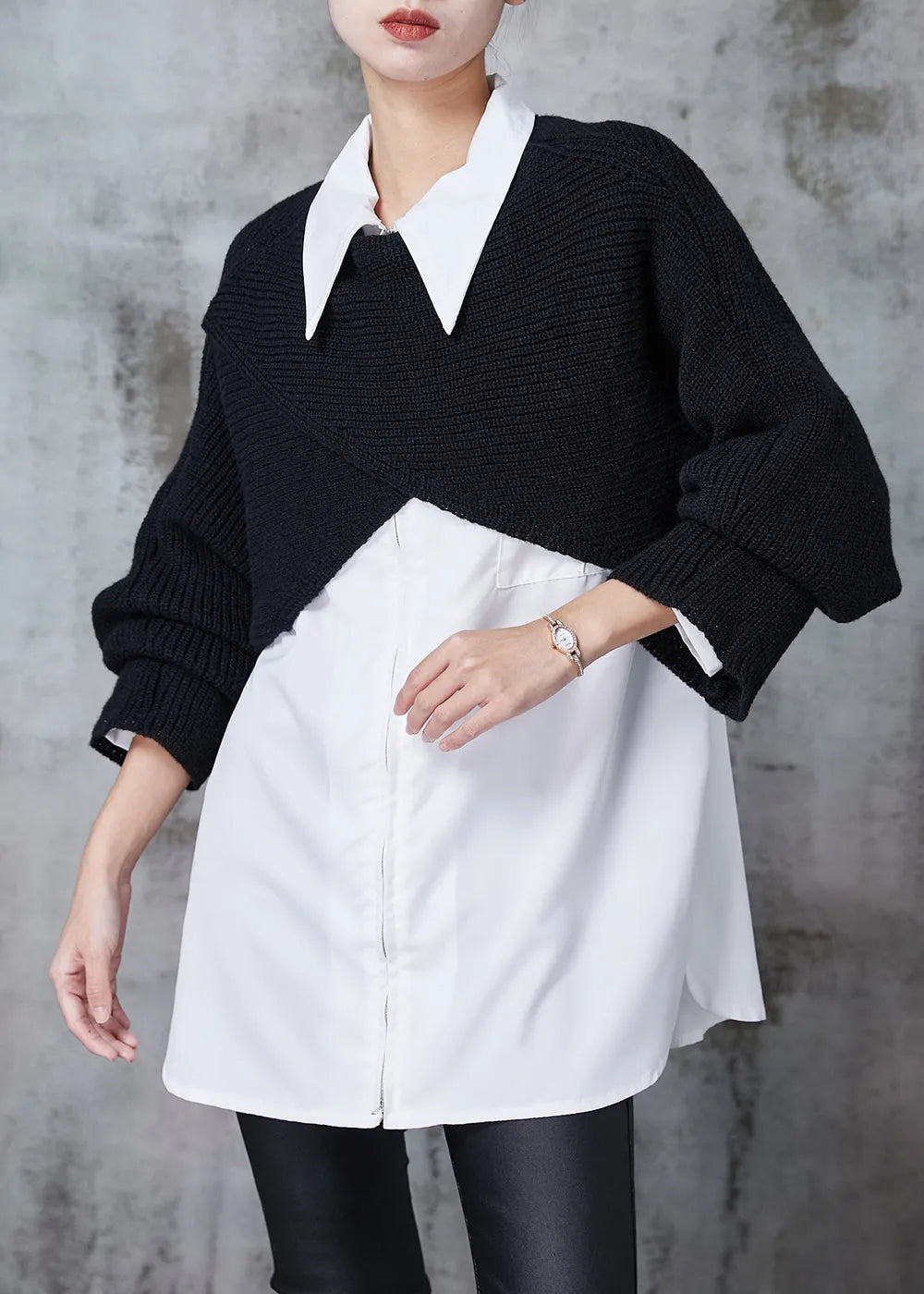 French Black Asymmetrical Design Knit Two Piece Set Clothing Spring