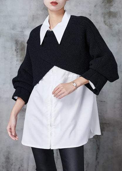 French Black Asymmetrical Design Knit Two Piece Set Clothing Spring