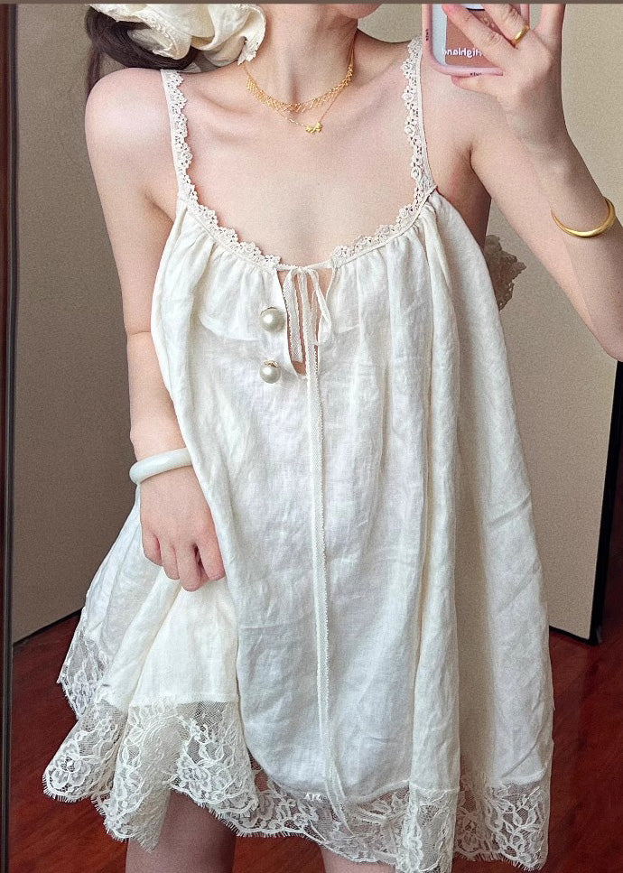 Beige Oversized Patchwork Lace Mini Dress Summer