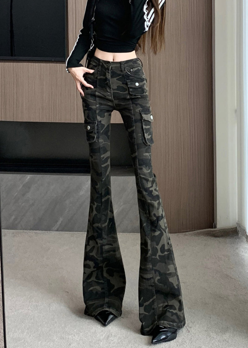 Camouflage Green Silm Fit Denim Flared Trousers Fall