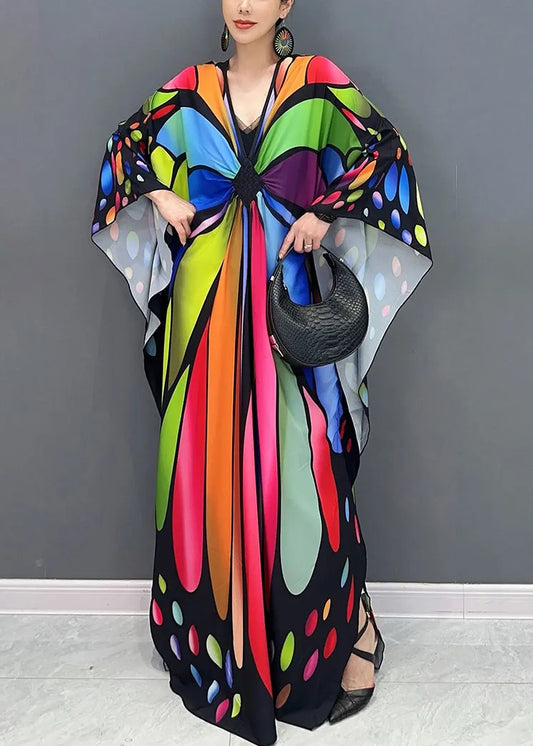Colorblock V Neck Print Cotton Maxi Dresses Batwing Sleeve