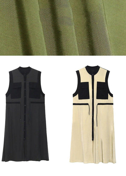 Comfy Army Green Patchwork Button Tie Waist Summer Long Dress