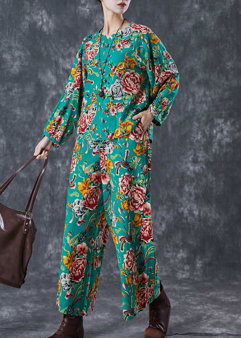 Green Print Chinese Button Linen Two Piece Set Fall