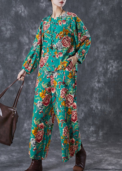 Green Print Chinese Button Linen Two Piece Set Fall
