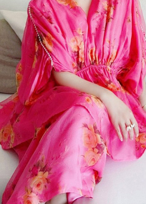 Art Rose V Neck Print Silk Top and Skirts Two Pieces Set Summer