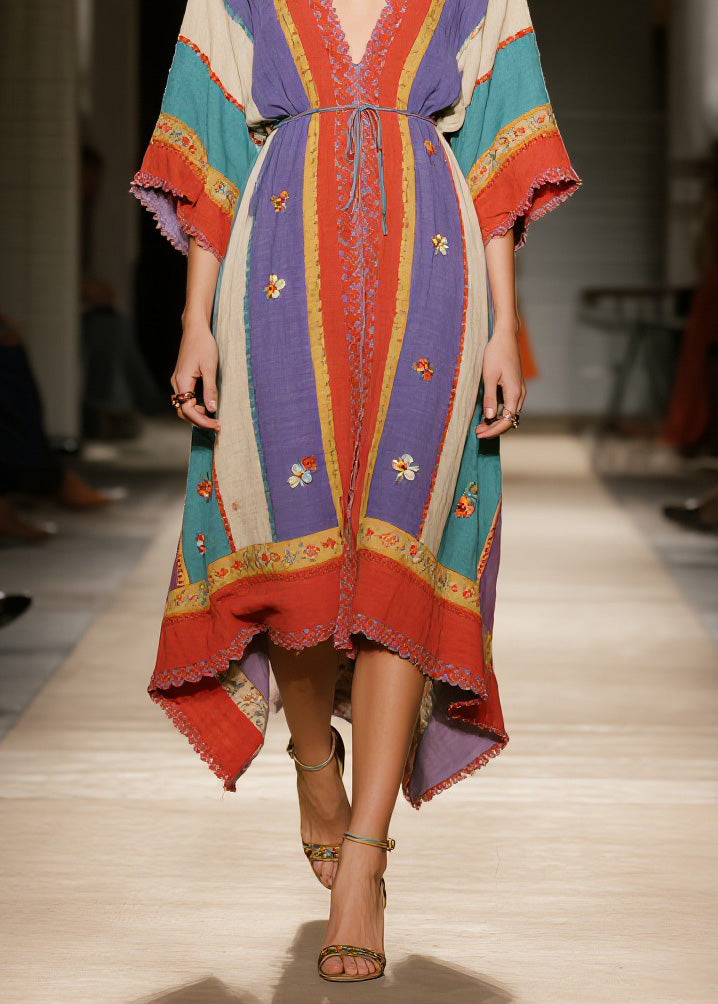 Colorblock V Neck Patchwork Cotton Dress Summer