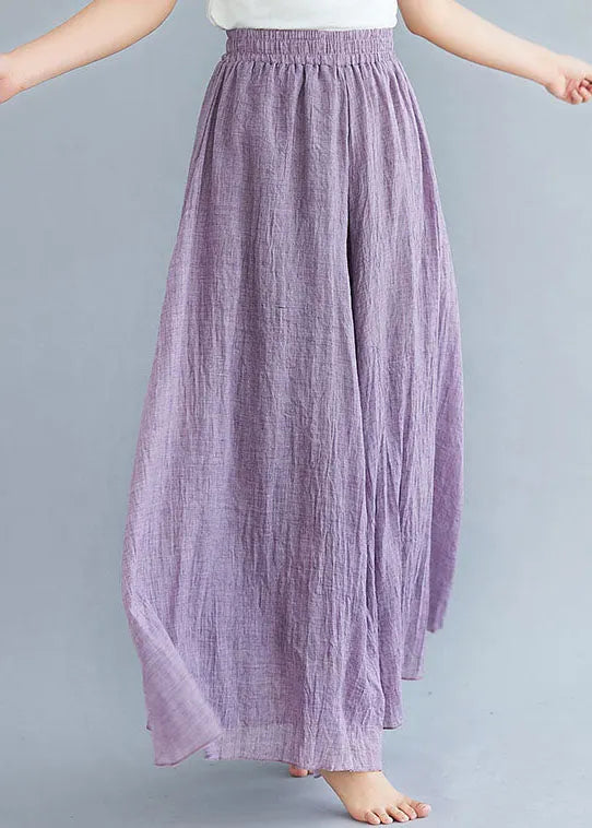 Purple Elastic Waist Linen Wide Leg Pants Summer