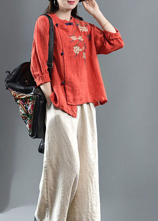 Loose Orange Embroideried Linen Top Half Sleeve