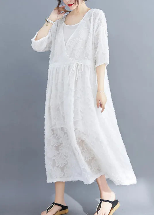 White Extra Large Hem Long Dress Two Pieces Sets Cinched Half Sleeve