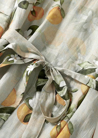 Light Green V Neck Print Lace Up Linen Long Dresses Summer