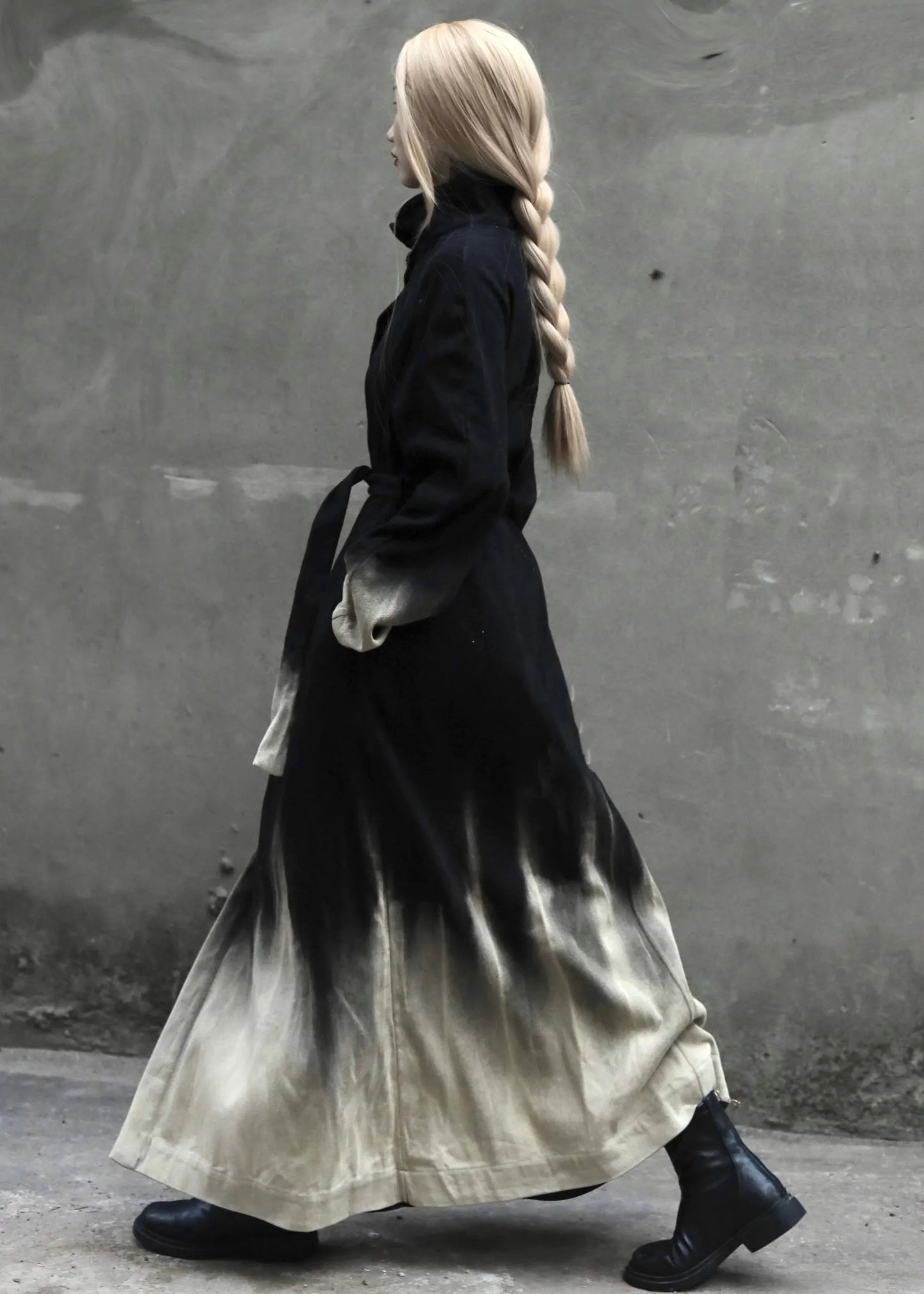 Gradient Color Tie Waist Pockets Denim Long Coats Long Sleeve Spring