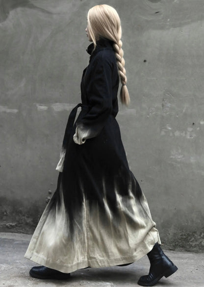 Gradient Color Tie Waist Pockets Denim Long Coats Long Sleeve Spring