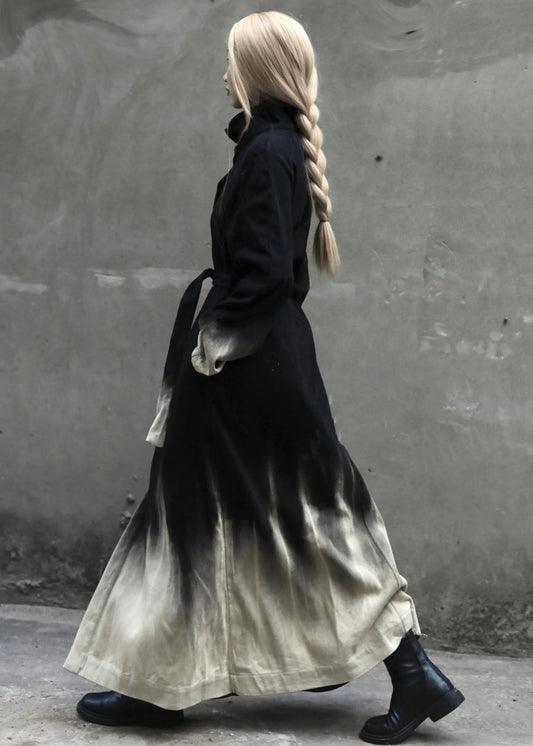 Gradient Color Tie Waist Pockets Denim Long Coats Long Sleeve Spring