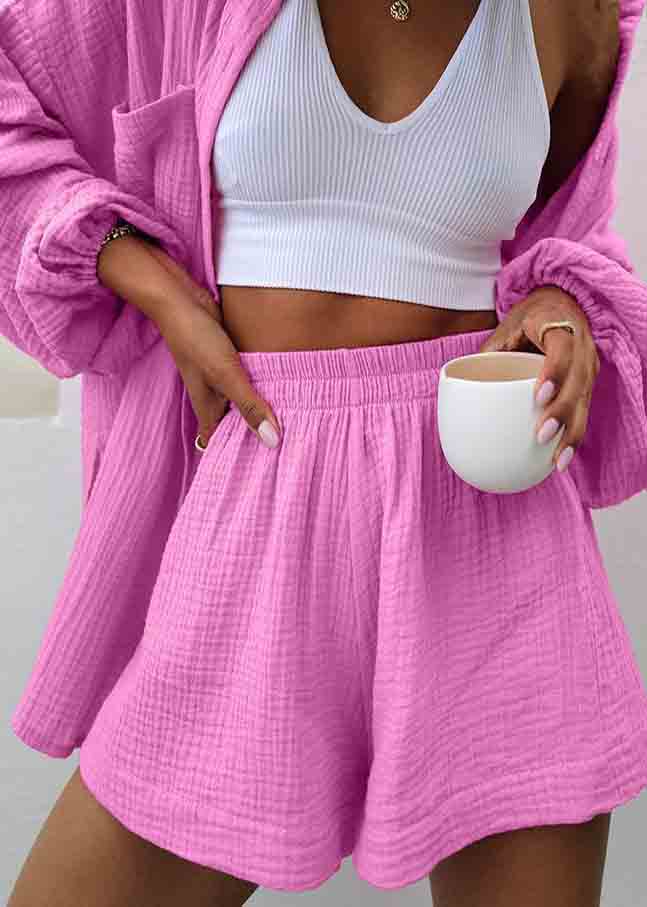 Blue Oversized Cotton Two Piece Suit Set Lantern Sleeve