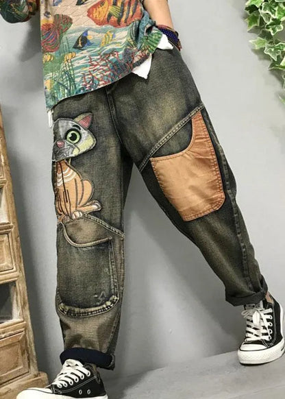 Cat Embroidery Patchwork Mid Waist Loose Denim Harem Jeans