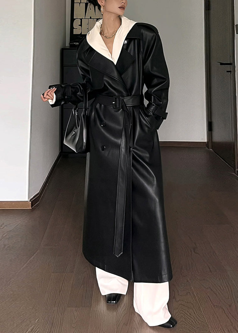 Black Peter Pan Collar Tie Waist Pockets Faux Leather Coat Fall
