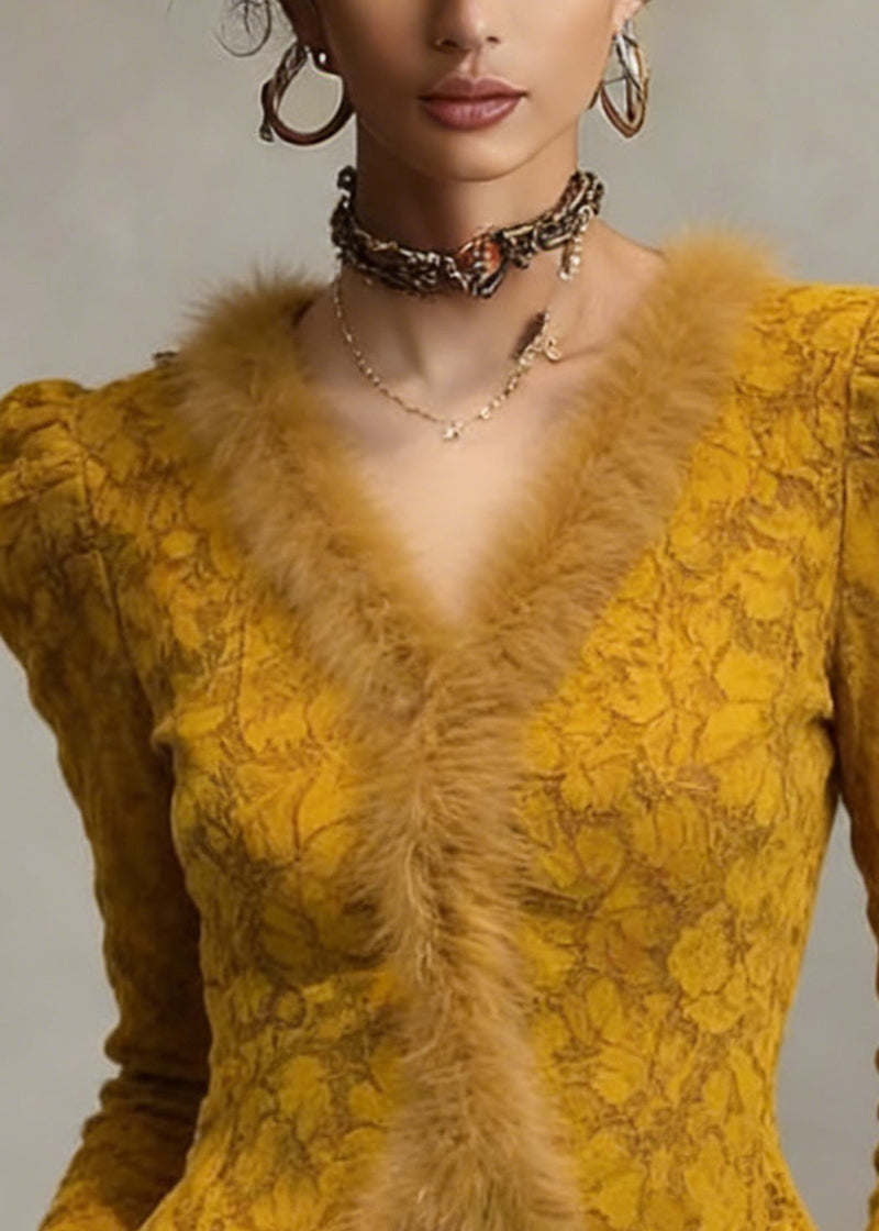 Slim Fit Yellow V Neck Lace Fluffy Patchwork Warm Fleece Tops