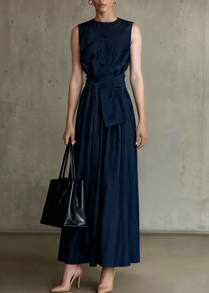 Slim Fit Navy Tie Waist Tops and Skirts Denim Two Piece Set Sleeveless