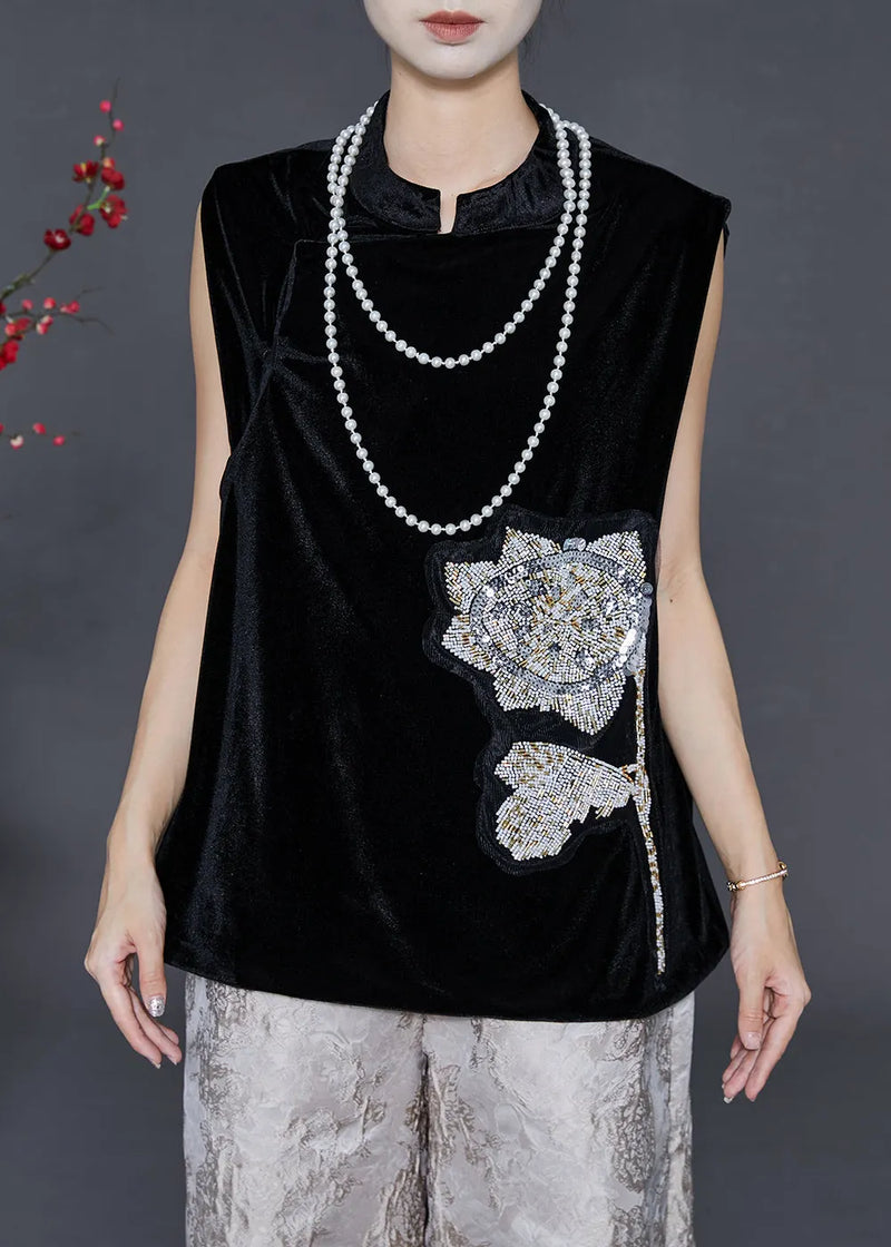 Black Sequins Mandarin Collar Silk Velour Vests Spring