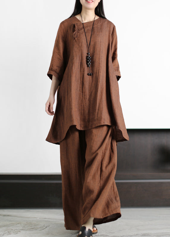 Chocolate Asymmetrical Linen Tops and Wide Leg Pants Half Sleeve