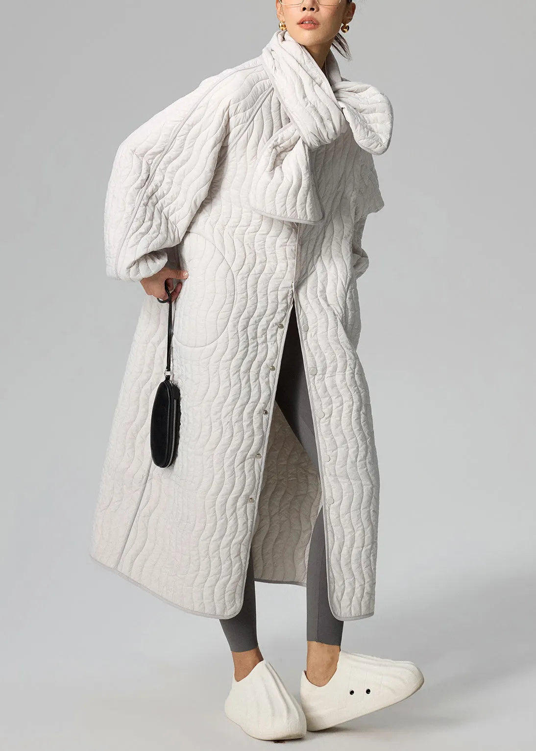 Loose Light Grey Button Scarf and Long Parka Cotton Filled Two Pieces Set Winter