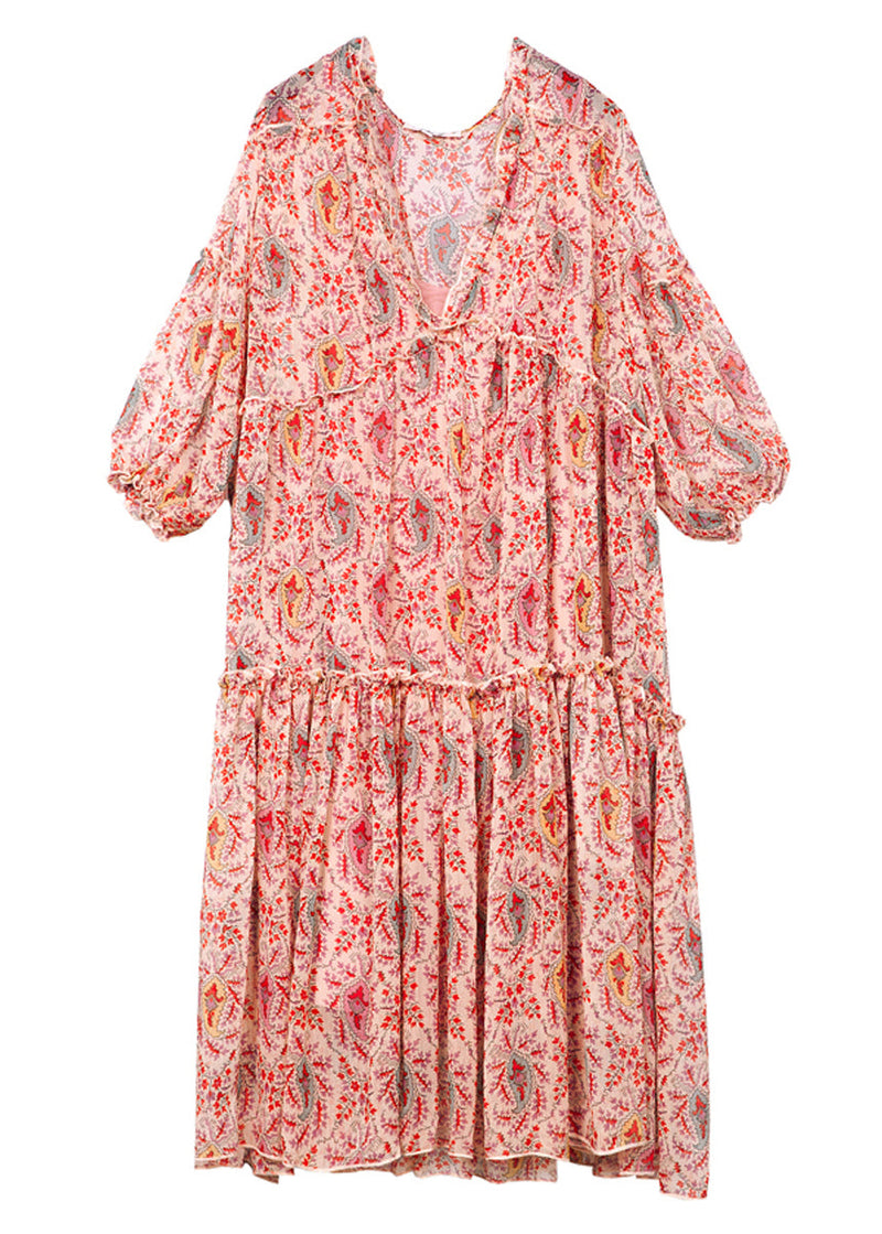 Red Print Chiffon a Line Dresses V Neck Lantern Sleeve