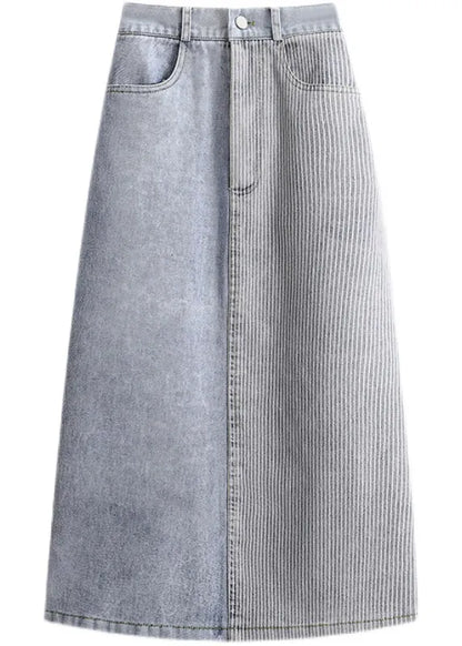 Stylish Light Blue Elastic Waist Patchwork Side Open Denim Skirt Summer