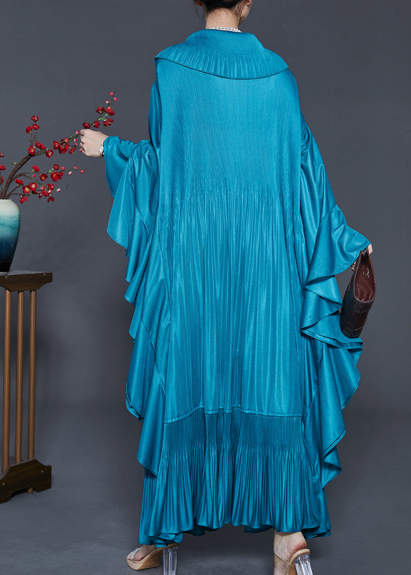 French Peacock Blue Ruffled Patchwork Wrinkled Silk Maxi Dresses Fall