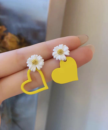 Yellow Alloy Baked Enamel Asymmetrical Love Stud Earrings