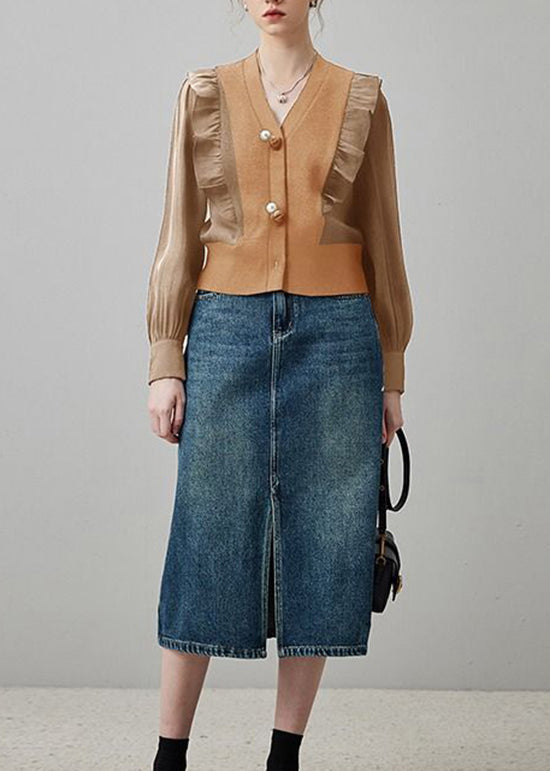 Khaki V Neck Ruffled Patchwork Silk Blouses Spring