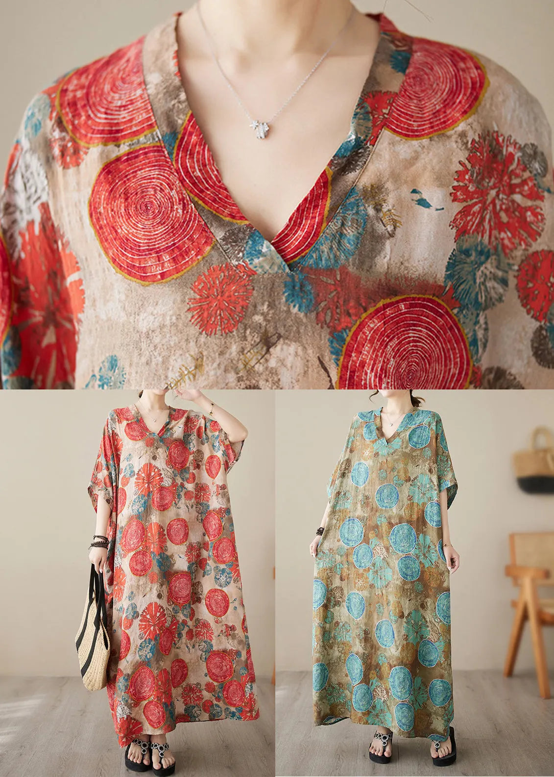 Blue Print Wrinkled Pockets Long Dresses Short Sleeve