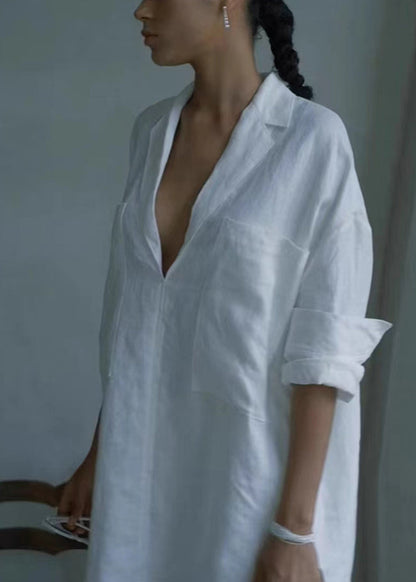 White V Neck Cotton Mid Shirts Dress Long Sleeve