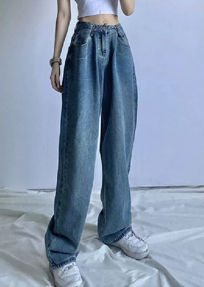 Blue High Waist Draping Cotton Denim Wide Leg Pants Summer