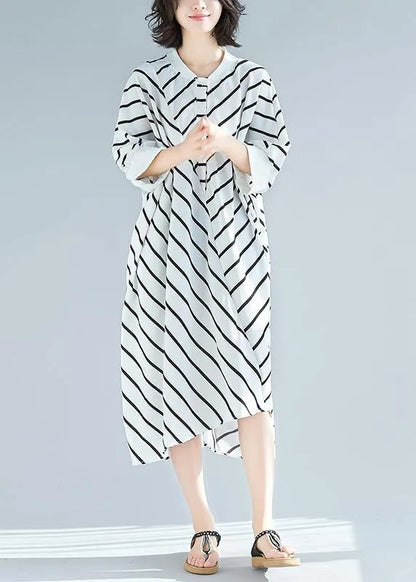 100% White Striped Tunic Dress Asymmetric Spring Dress