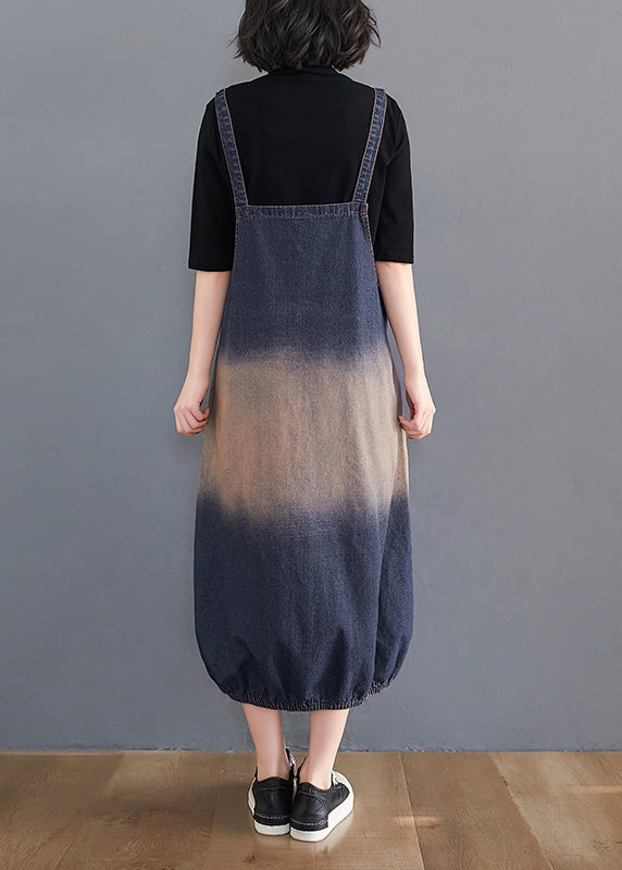 Blue Gradient Color Pockets Spaghetti Strap Denim Dress Summer
