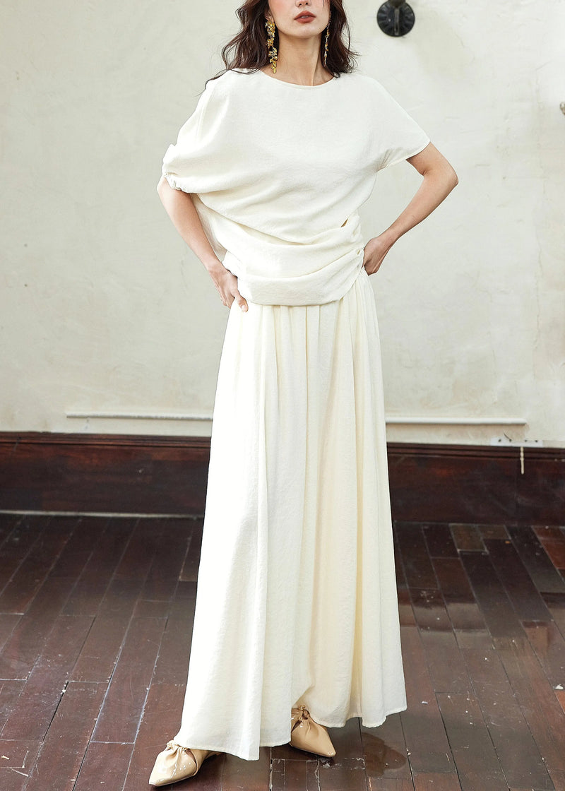 White Asymmetrical Wrinkled T Shirts and Skirts Cotton Two Piece Set Summer