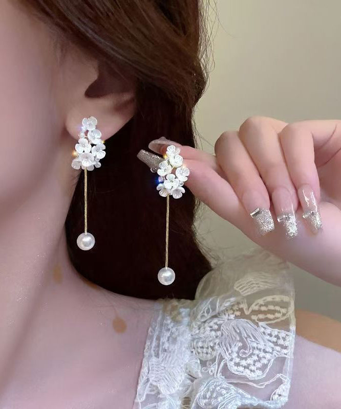 Fine White Copper Alloy Zircon Pearl Tassel Drop Earrings