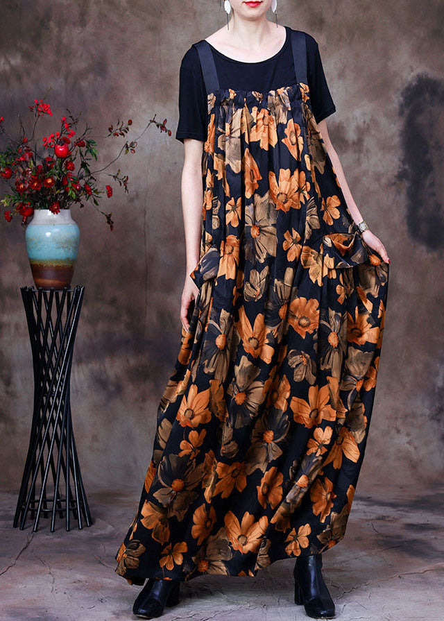 Yellow Wrinkled Print Silk Tanks and Strap Dress Two Piece Set Outfits Summer