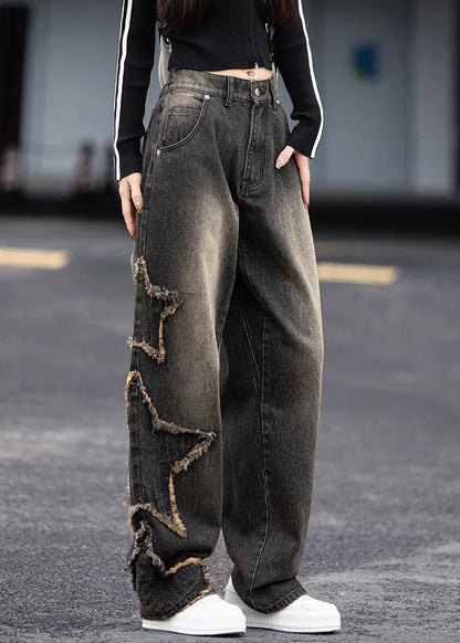 Black Grey Pockets Patchwork Denim Pants Fall