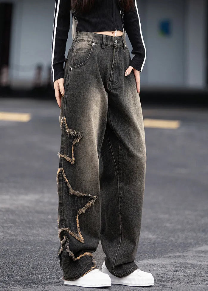 Black Grey Pockets Patchwork Denim Pants Fall