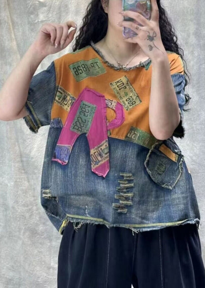 Orange Print Hole Patchwork T Shirt Denim Summer
