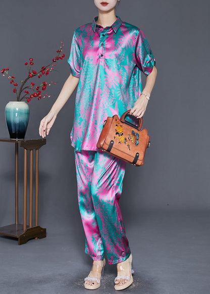 Rose Print Silk Two Piece Set Clothing Side Open Fall